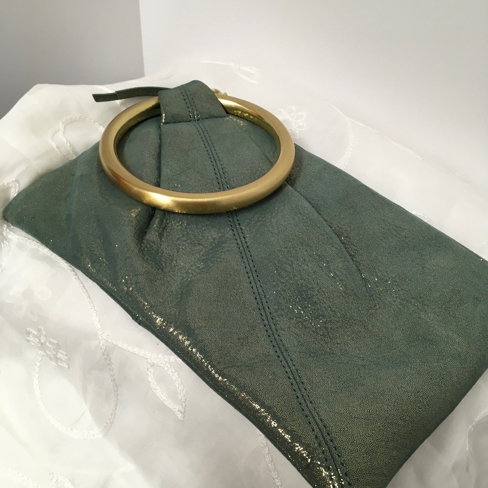 HOBO Green Metallic Wristlet Clutch with Gold Ring Handle - Picture 4 of 8